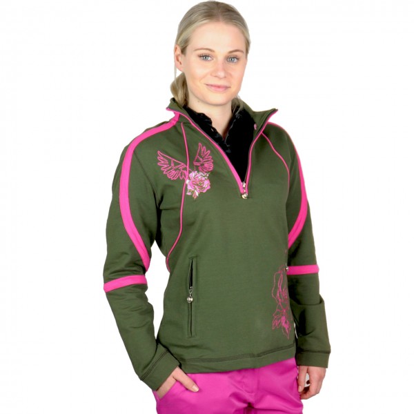 Masters Damensweater olivegrün bestickt pink